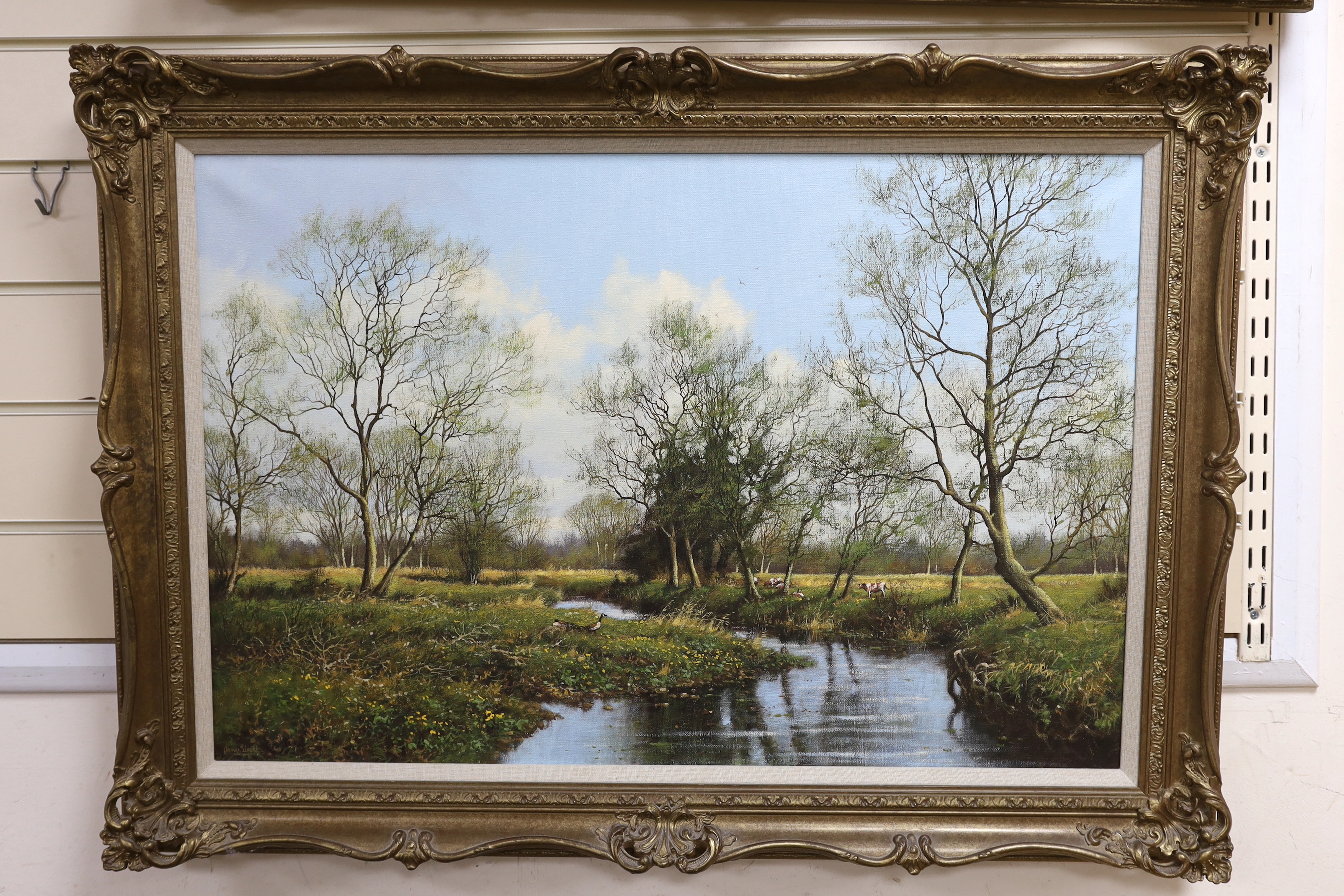 James Wright (b.1935), oil on canvas, River Tat at Cotsford neat Tattergett, signed, 50 x 76cm